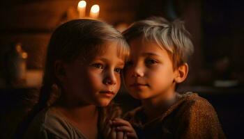 dos linda caucásico Niños sonriente adentro con familia generado por ai foto