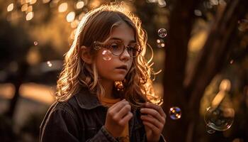 Cute girl blowing bubbles, enjoying nature beauty generated by AI photo