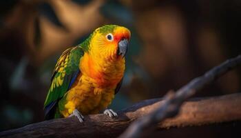 vibrante guacamayo encaramado en rama, mirando linda generado por ai foto