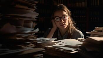 joven adulto estudiando literatura en biblioteca librería generado por ai foto