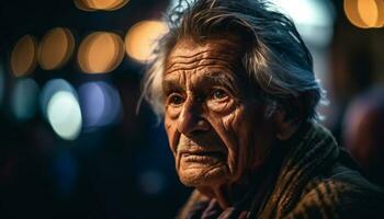 Gray haired senior man looking sad outdoors alone generated by AI photo