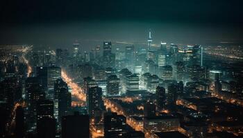 Glowing cityscape at dusk, modern architecture illuminated generated by AI photo