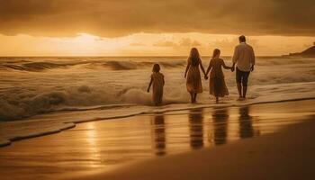 familia unión en el playa a puesta de sol generado por ai foto