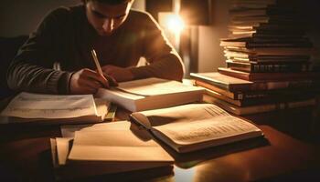 caucásico masculino estudiando literatura adentro a biblioteca generado por ai foto