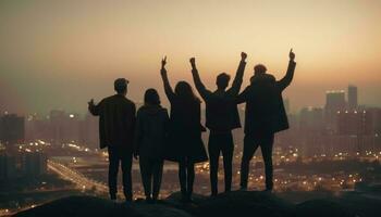 joven adultos en pie en ciudad, brazos elevado celebrando generado por ai foto