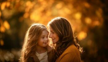 Mother and daughter embrace in autumn sunlight generated by AI photo