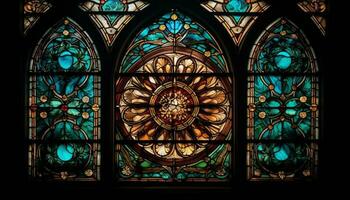 Stained glass illuminates ornate altar inside chapel generated by AI photo
