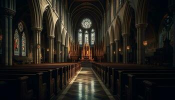 Majestic Gothic chapel with illuminated stained glass windows generated by AI photo