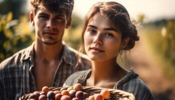 Smiling couple enjoying autumn farm leisure activities generated by AI photo