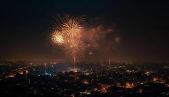 brillante fuegos artificiales explotando terminado iluminado ciudad horizonte generado por ai foto