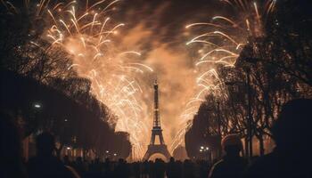 Glowing city skyline, exploding fireworks, joyous crowd generated by AI photo