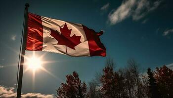 Canadian flag waves proudly over majestic maple tree generated by AI photo