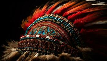 Indigenous elegance in vibrant feather headdress design generated by AI photo