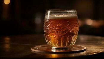 Foamy beer glass on wooden bar counter generated by AI photo