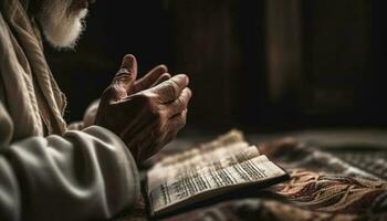 uno hombre leyendo santo libro, meditando en soledad generado por ai foto