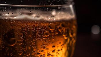 Foamy beer drops on glass, refreshing drink generated by AI photo