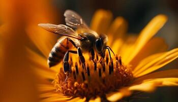 Busy honey bee pollinates yellow flower outdoors generated by AI photo