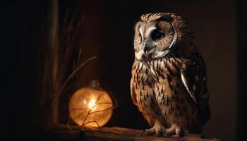 Spooky great horned owl perched on tree generated by AI photo