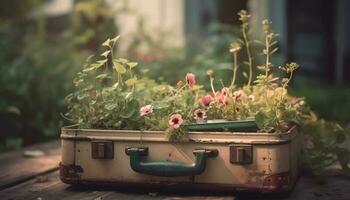 Fresh flower bouquet in old fashioned suitcase generated by AI photo
