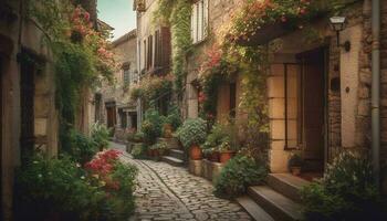 Multi colored flowers adorn old French courtyard at dusk generated by AI photo