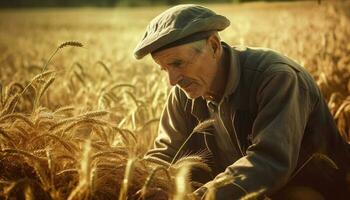 Mature farmer holding ripe wheat, smiling happily generated by AI photo