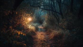 Mysterious fog shrouds spooky autumn forest path generated by AI photo