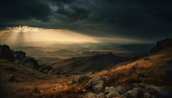 Majestic mountain range, tranquil meadow, dramatic sky generated by AI photo