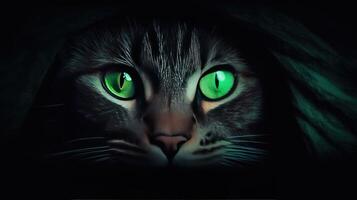 gato aislado en un oscuro habitación con verde croma sus perforación ojos brillante en el oscuridad evocando un sentido de misterio y intriga ai generado foto