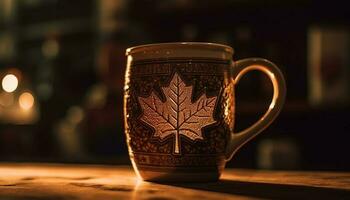 Rustic mug with ornate handle holds coffee generated by AI photo