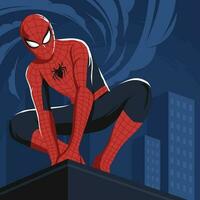 Super Human in Spider Suit on Top of The Building vector