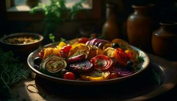 Fresco vegetariano ensalada con A la parrilla berenjena y calabaza generado por ai foto