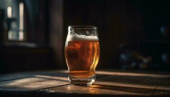 espumoso cerveza en medio litro vaso en bar mostrador generado por ai foto