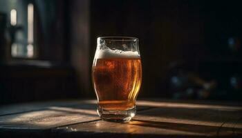 Frothy beer in pint glass on bar counter generated by AI photo