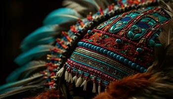 Vibrant colors and intricate patterns adorn headdress generated by AI photo