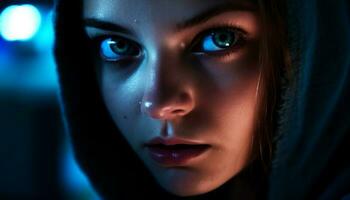 Beautiful young woman in blue hood stares generated by AI photo