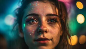 joven mujer sonriente, iluminado por vistoso luces generado por ai foto