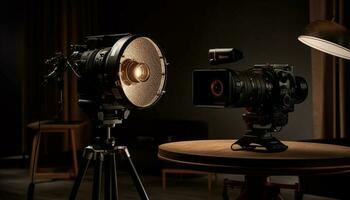 Modern film studio illuminated by strobe light generated by AI photo