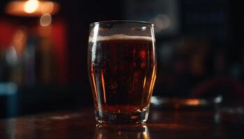 Frothy beer glass on bar counter at night generated by AI photo