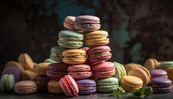 Multi colored macaroons stacked on rustic wooden table generated by AI photo