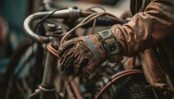 hombres reparando bicicleta con cuero protector guantes generado por ai foto