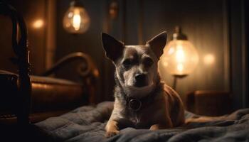 Cute terrier puppy sitting comfortably on sofa generated by AI photo