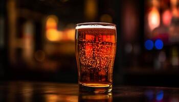 Frothy drink in beer glass illuminates bar counter generated by AI photo