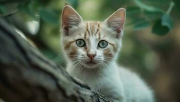 Cute kitten sitting in grass, staring playfully generated by AI photo