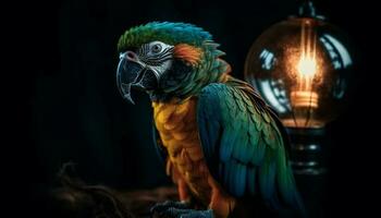 Cute macaw perching on branch, vibrant feathers generated by AI photo