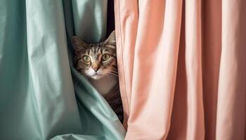 Cute kitten hiding behind curtain, staring curiously generated by AI photo