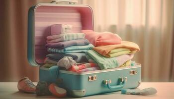 apilado equipaje y ropa, Listo para viaje aventuras generado por ai foto