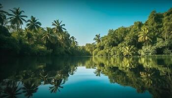 Tranquil scene of palm trees by water generated by AI photo