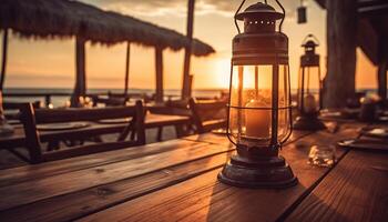 Glowing lantern on old rustic table at dusk generated by AI photo