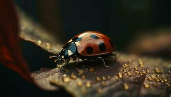 Spotted ladybug crawls on wet green leaf generated by AI photo