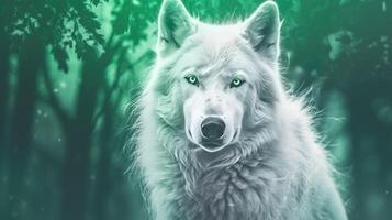 Wolf standing in a snowcovered forest illuminated by a beam of white light against a green chroma background symbolizing its resilience and adaptability in the face of adversity photo